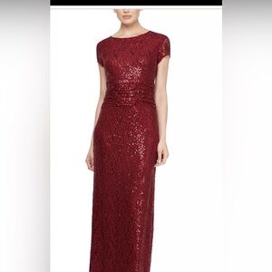 SLNY Women's Gown Dress Garnet Red Sequined Lace Short Sleeve size 10